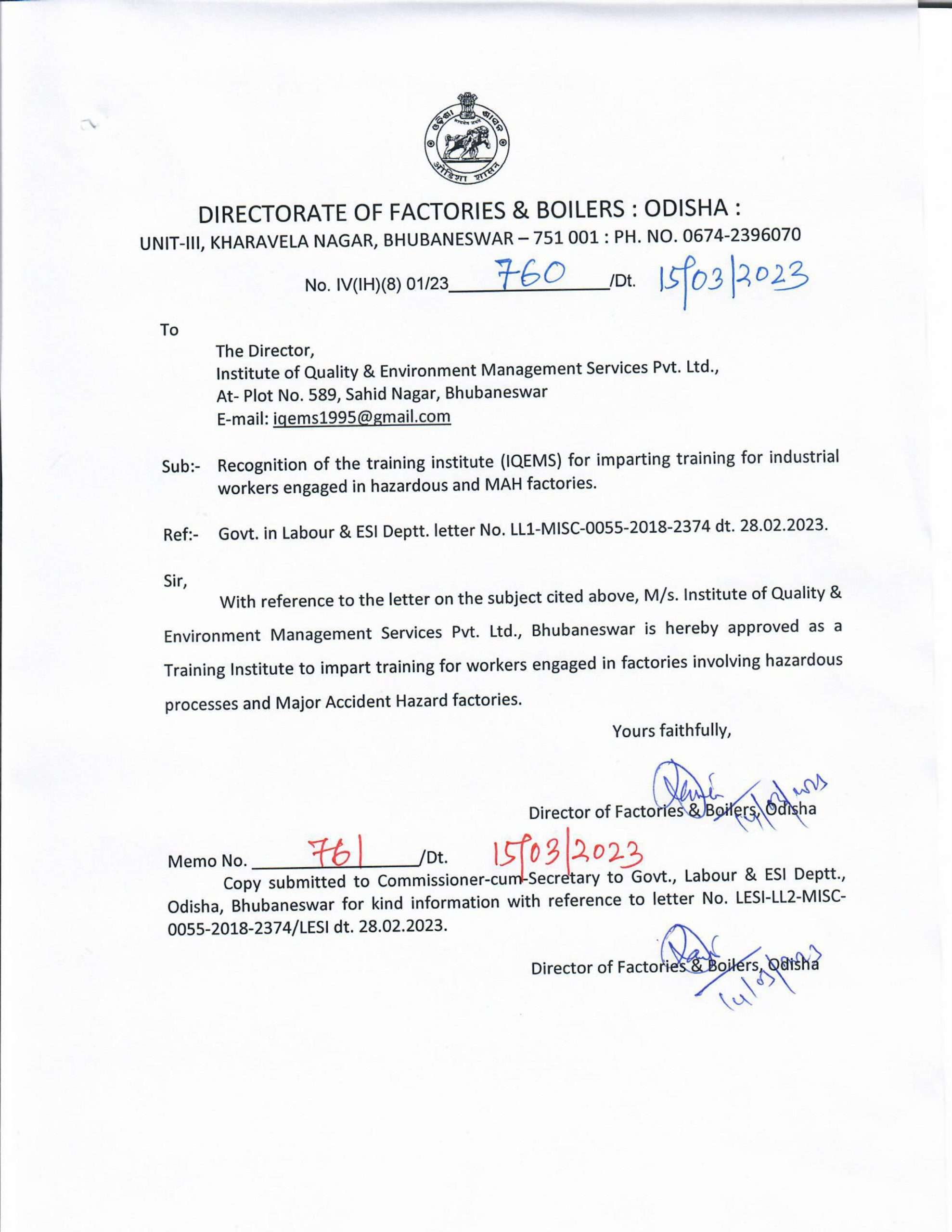 Recognition of IQEMS by the Directorate of Factories & Boilers: ODISHA ...